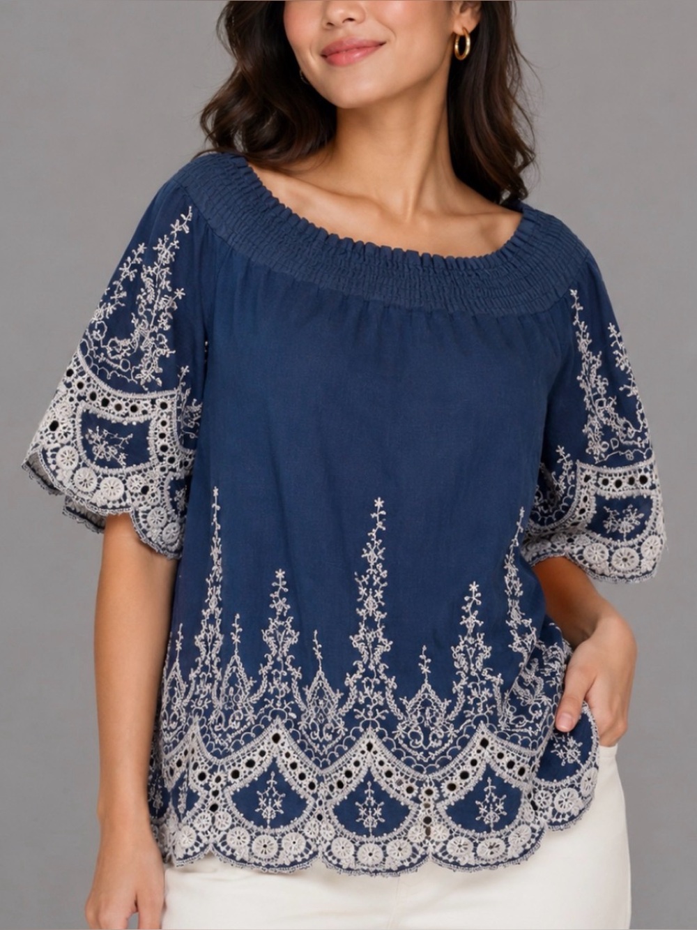 Navy Blue/White Embroidered Boho Smocked-Neck Peasant Blouse, M - Picture 1 of 10